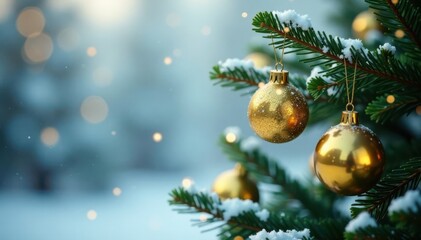 Fototapeta premium Snowflakes gently falling around a Christmas tree branch with gold ornaments hanging , tree, winter