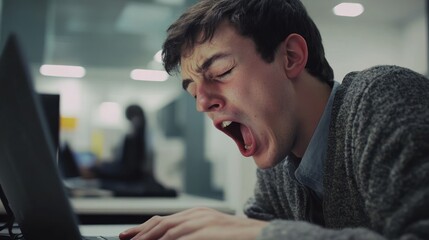 Exhausted professional yawning at desk while working late night in the office