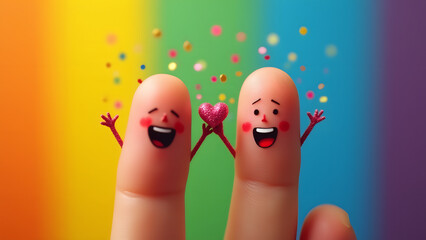 Surprised and mischievous fingers toss confetti on a rainbow backdrop. Festive, inclusive, and bursting with Pride joy.