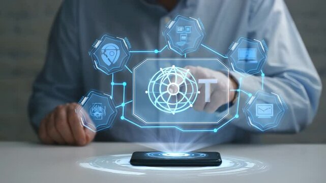 iot smart technology internet of things concept man interacts with smart technology on mobile holograp