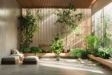 Fototapeta premium Natural light floods a modern interior with wooden slats and greenery in a tranquil setting