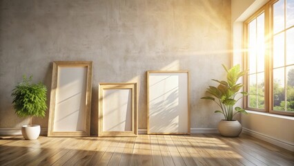 Fototapeta premium Sunlit Room with Empty Picture Frames and Plants Ready for Artwork Display