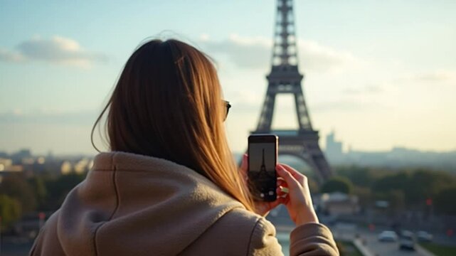 Woman Photographing Eiffel Tower at Sunrise, Parisian Backlit Silhouette