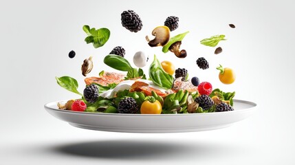 A vibrant and healthy salad with fresh berries, spinach, mushrooms, and a creamy dressing floats on a white plate against a clean white background.