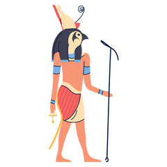 Ancient Egyptian God Horus Vector Illustration – Falcon-Headed Deity Wearing Double Crown of Upper and Lower Egypt, Holding Ankh and Staff