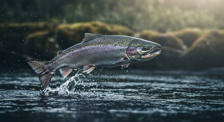 Fototapeta premium Fish Jumping Out of Water in Forest River