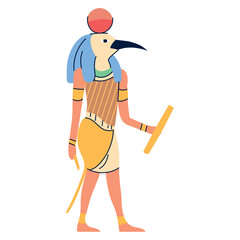 Ancient Egyptian God Thoth Illustration – Vector Art Depicting Ibis-Headed Deity with Traditional Attire and Sun Disk

