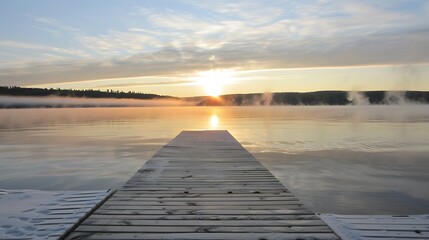 Frozen lake sunrise vista from a tranquil dock.