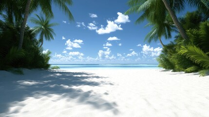 Tropical beach paradise white sand turquoise water palm trees blue sky