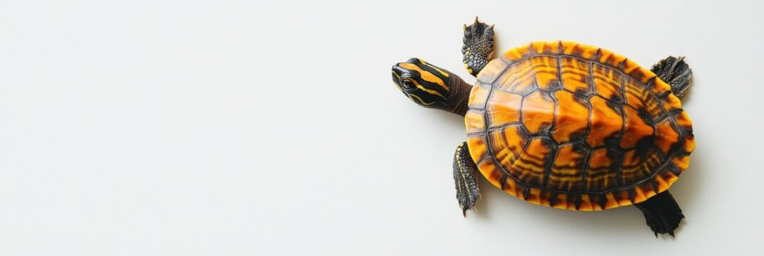 Top-down view of a turtle with a vibrant patterned shell resting on a minimalist white background during daylight