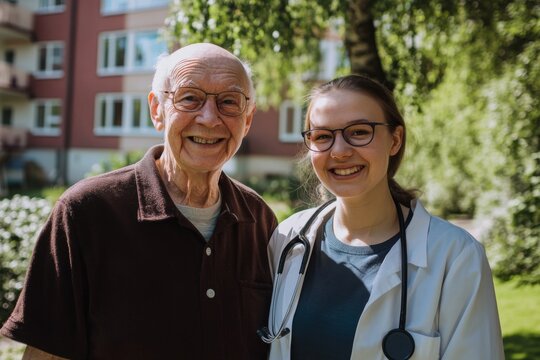 portrait of a smiling Senior man and her young female caretaker in nursing home in Sweden