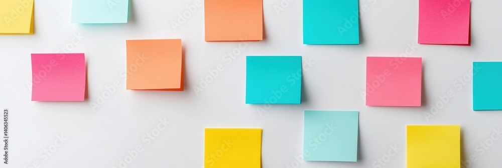 Poster Sticky notes and paper tabs arranged in an organized manner on a clean white desk for effective planning and organization tasks in an office setting