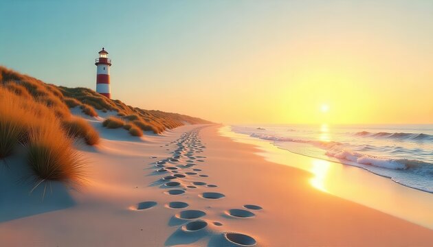 Lighthouse beach sunset sand footprints ocean scenic view