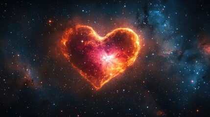 Heart-shaped nebula in deep space, vibrant colors of fiery heart in the cosmos, surrounded by stardust and distant galaxies.