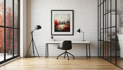 Modern workspace with city landscape art