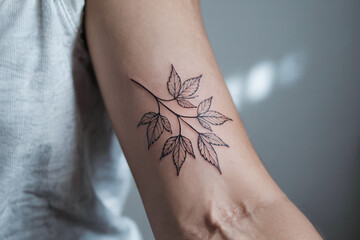 Arm With Leaf Tattoo Showing Fine Line Art And Botanical Design