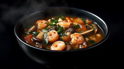 A steaming bowl of spicy soup with rich red broth, garnished with herbs.