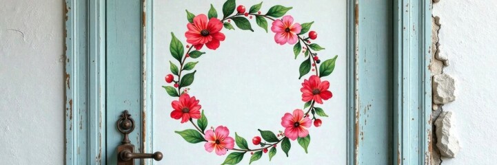 Obraz premium Watercolor floral wreath on a distressed wooden door, nature, rustic, floral