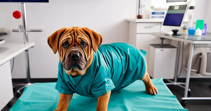Shar Pei in Teal Scrubs Poses