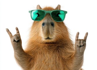 A cool capybara with sunglasses making rock on gesture