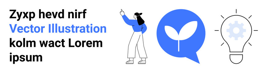 Woman holding smartphone, green leaf in blue chat bubble, settings gear in lit bulb. Ideal for technology, ecology, communication, innovation, creativity, sustainability simple landing page