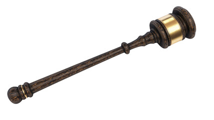 A traditional courtroom gavel with a golden metal band around the head, paired with a sturdy sound block, exuding a sense of prestige,Transparent background, PNG file