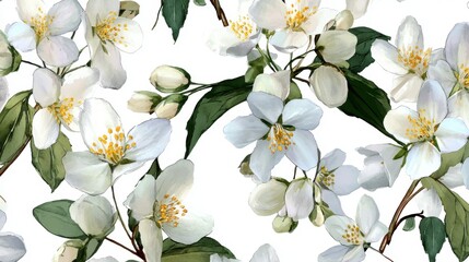 Obraz premium Delicate jasmine flowers blossoming with lush green leaves