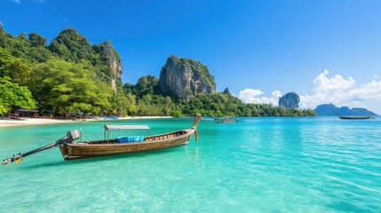 Obraz premium Tropical boat in clear water landscape with green hills and blue sky vacation travel concept