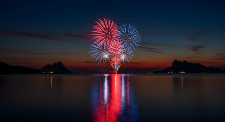 Watching Colorful Fireworks Display Over Calm Ocean at Night