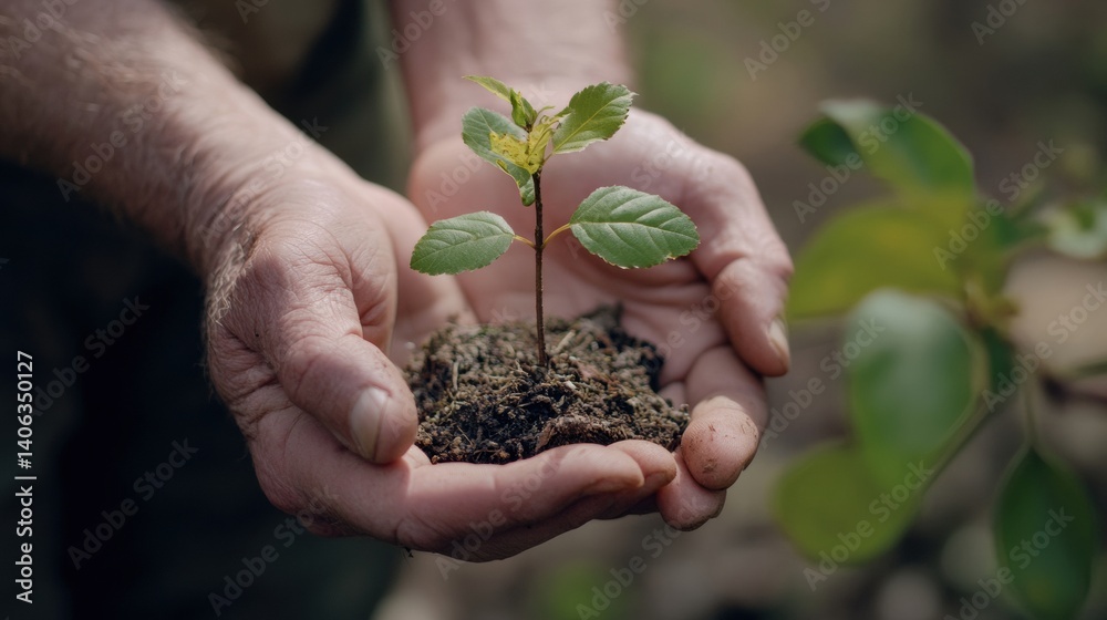 Poster growing a tiny tree in hands, symbolizing nurture and care for nature in a clean background