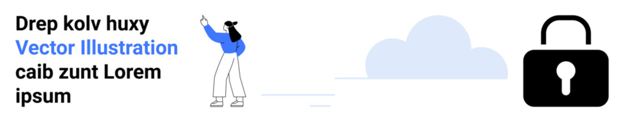 Woman gesturing toward text, next to a cloud and lock symbol. Ideal for technology, cybersecurity, data protection, online privacy, cloud services, encryption, simple landing page