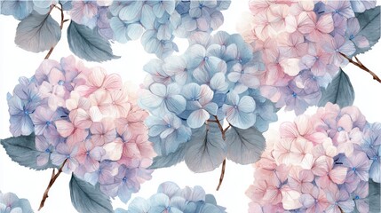 Close-up on a delightful pattern of pastel Hydrangea flowers with varying shades of blue and pink. These blooms present a soft, feminine aesthetic, embodying elegance and tranquility