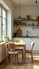 Kitchen table sits alone in a defocused room with uncluttered counters, decor, empty, kitchen