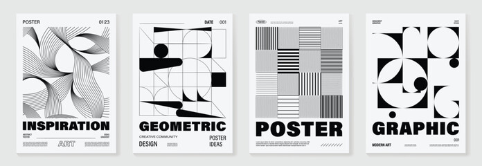 Abstract monochrome poster background vector set. Modern cover template with black and white perspective geometric prism shape, line. Ideal design for social media, banner, ads.  © TWINS DESIGN STUDIO