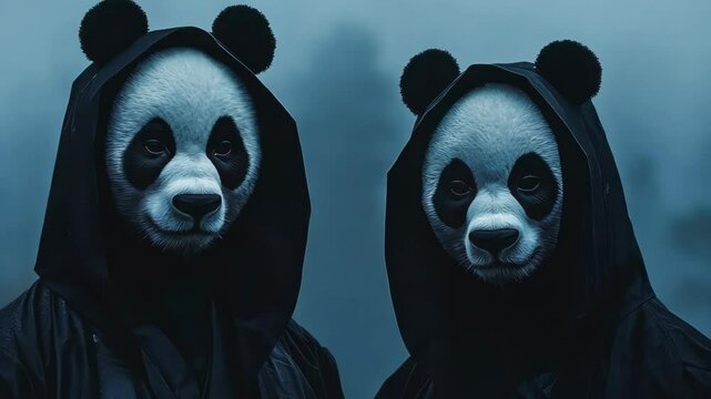 Two mysterious figures wearing panda masks stand in a dark, foggy forest, creating an eerie yet captivating atmosphere that sparks curiosity and imagination.