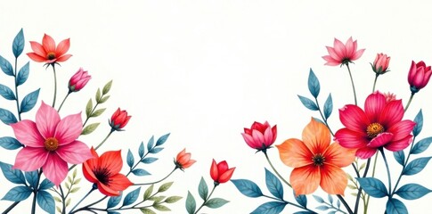 Vibrant watercolor florals in full bloom against white background , botanical, flowers