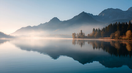 Calm lake reflecting misty mountains and forest in serene morning light.