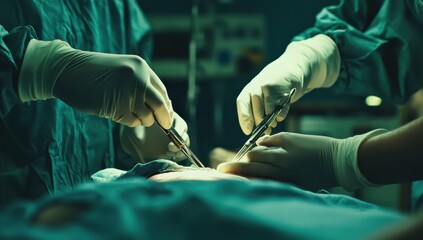 Surgical procedure in progress.  Surgeons in sterile attire, wearing gloves, use surgical instruments on a patient