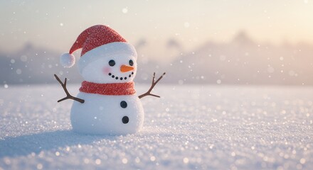 Fototapeta premium Snowman in Snowscape Wearing Hat and Scarf Winter Scene