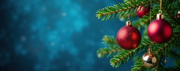 Obraz premium Glittering Christmas tree ornaments suspended from a blue background, tree, festive
