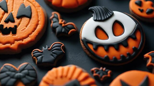 A vibrant assortment of Halloween-themed cookies featuring pumpkin and bat designs, arranged on a dark surface, perfect for festive events and celebrations.