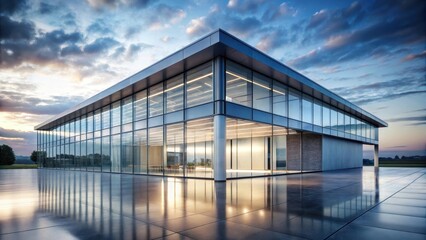Fototapeta premium Modern Glass Facade Office Building at Dusk Reflecting in Polished Pavement