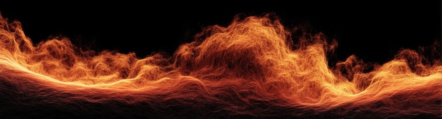 Fototapeta premium A wave of fire burns intensely against a black background. The flames dance and flicker, casting an orange glow against the darkness. The fiery intensity of the blaze is captivating.