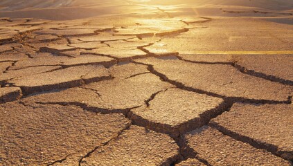 Close-up of cracked asphalt road surface with deep fissures and warm golden light, symbolizing damage, drought, aging infrastructure, or natural disaster — perfect for environmental and urban themes.