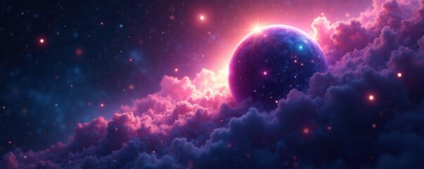 Obraz premium Iridescent planet glowing softly amidst swirling stardust, ethereal, celestial, luminous