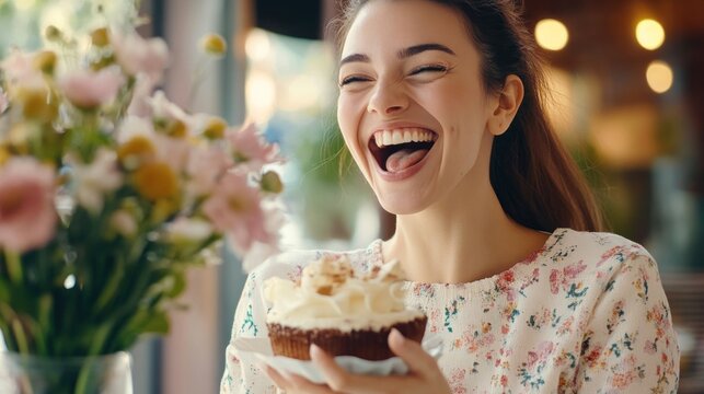 A joyful woman enjoying a cupcake in a cozy setting with flowers in the background.