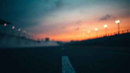 Bokeh photo of motion horizont stadium asphalt road with smoke haze front view dark blue orange background