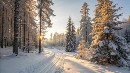 Winter Forest Path at Sunrise Snow Covered Tree Landscape