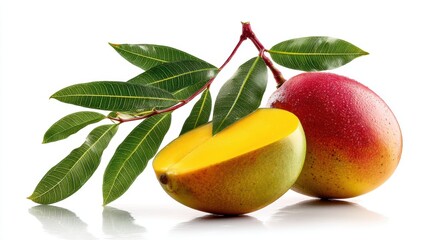 Fresh and juicy mangoes, a tropical fruit, arranged with vibrant green leaves, with a perfect cut revealing the delicious, colorful flesh