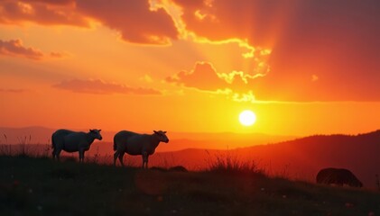 Silhouetted sheep grazing in a field at sunset, farm animals, nature